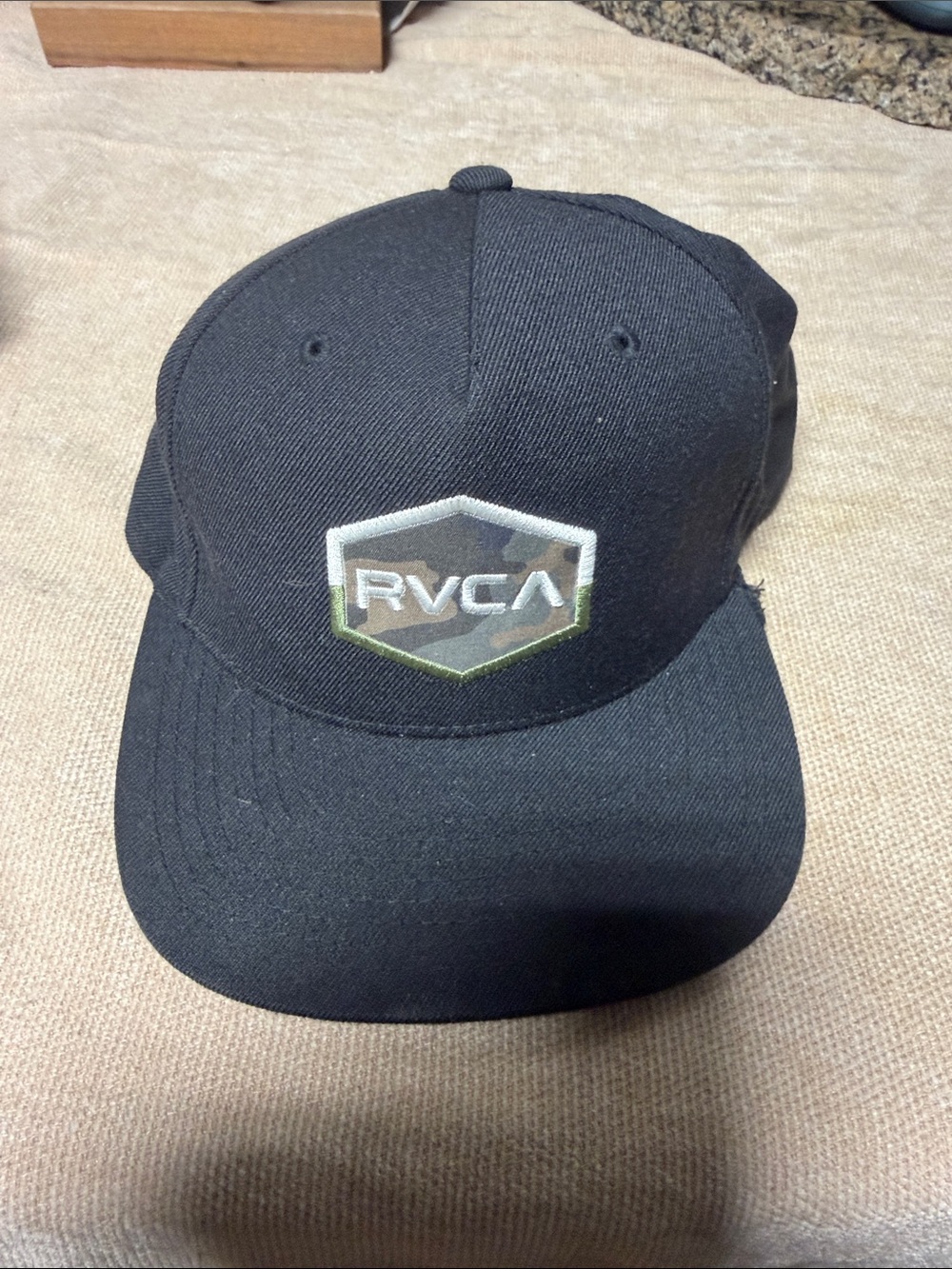 RVCA Black Snapback with Camo Hex Logo